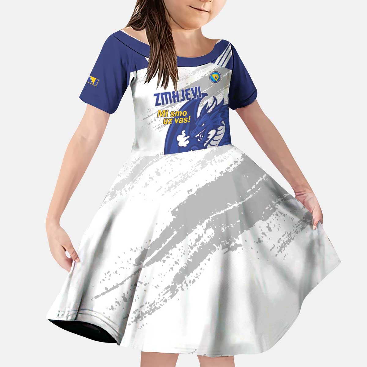 Bosnia and Herzegovina Football Custom Kid Short Sleeve Dress Go Zmajevi Mi smo uz vas White Version - Wonder Print Shop