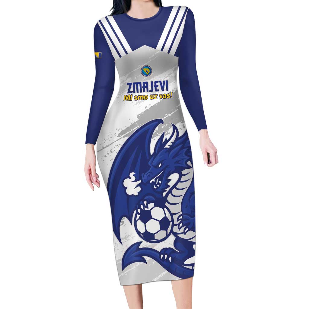 Bosnia and Herzegovina Football Custom Long Sleeve Bodycon Dress Go Zmajevi Mi smo uz vas White Version - Wonder Print Shop