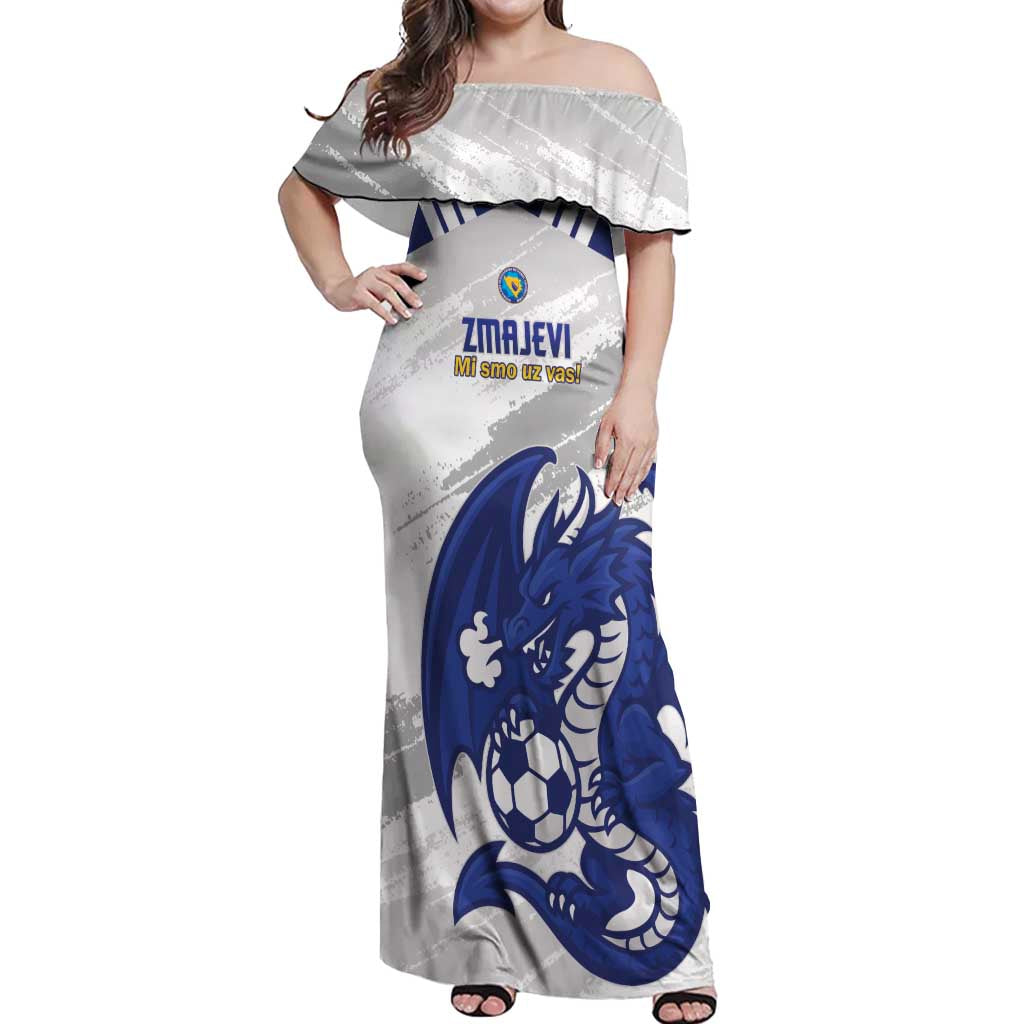 Bosnia and Herzegovina Football Custom Off Shoulder Maxi Dress Go Zmajevi Mi smo uz vas White Version - Wonder Print Shop