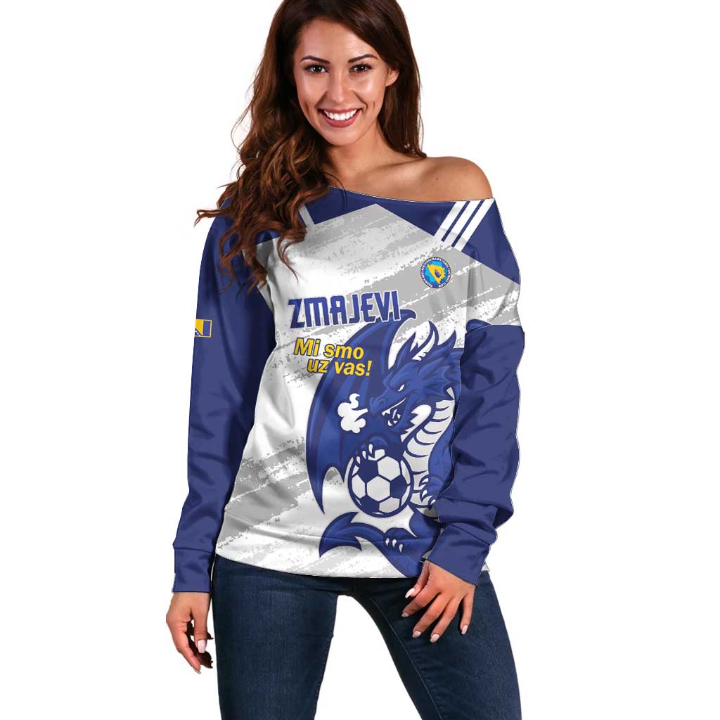 Bosnia and Herzegovina Football Custom Off Shoulder Sweater Go Zmajevi Mi smo uz vas White Version - Wonder Print Shop