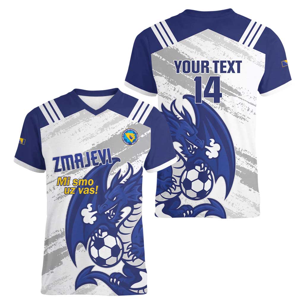 Bosnia and Herzegovina Football Custom Women V-Neck T-Shirt Go Zmajevi Mi smo uz vas White Version - Wonder Print Shop