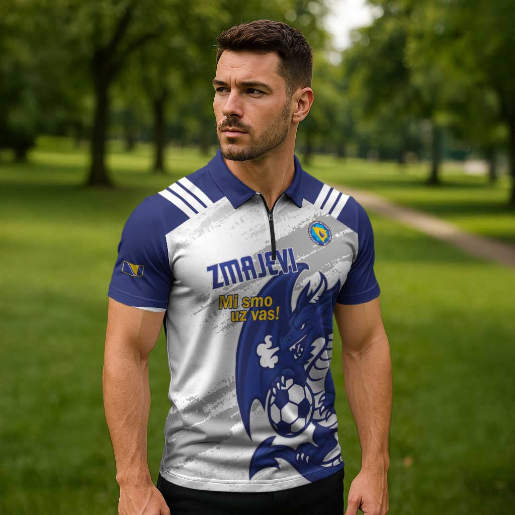 Bosnia and Herzegovina Football Custom Zipper Polo Shirt Go Zmajevi Mi smo uz vas White Version - Wonder Print Shop