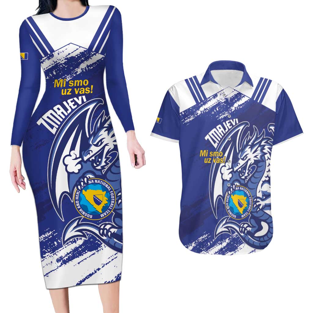 Bosnia and Herzegovina Football Custom Couples Matching Long Sleeve Bodycon Dress and Hawaiian Shirt Go Zmajevi Mi smo uz vas Blue Version - Wonder Print Shop