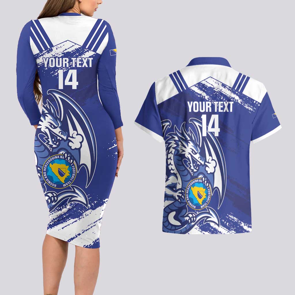 Bosnia and Herzegovina Football Custom Couples Matching Long Sleeve Bodycon Dress and Hawaiian Shirt Go Zmajevi Mi smo uz vas Blue Version - Wonder Print Shop