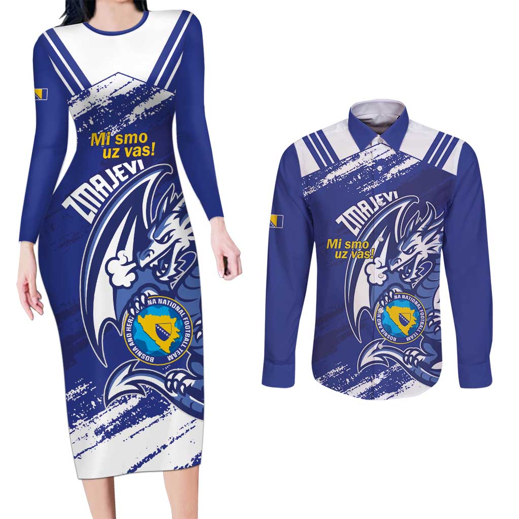 Bosnia and Herzegovina Football Custom Couples Matching Long Sleeve Bodycon Dress and Long Sleeve Button Shirt Go Zmajevi Mi smo uz vas Blue Version - Wonder Print Shop