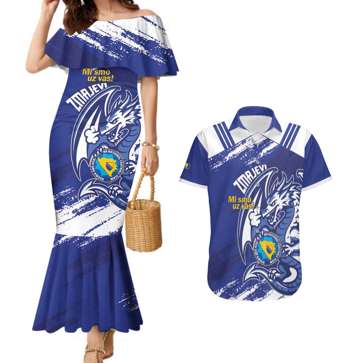 Bosnia and Herzegovina Football Custom Couples Matching Mermaid Dress and Hawaiian Shirt Go Zmajevi Mi smo uz vas Blue Version - Wonder Print Shop