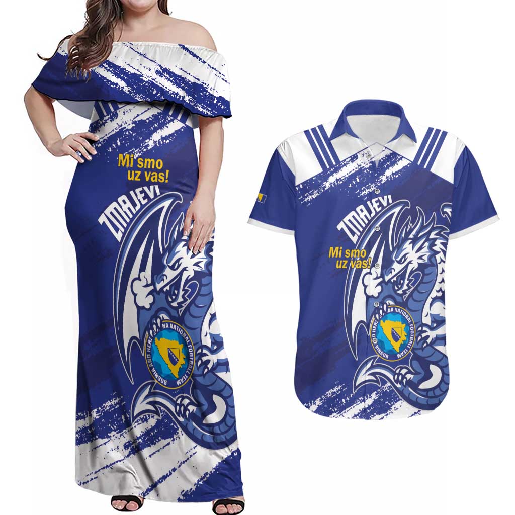 Bosnia and Herzegovina Football Custom Couples Matching Off Shoulder Maxi Dress and Hawaiian Shirt Go Zmajevi Mi smo uz vas Blue Version - Wonder Print Shop