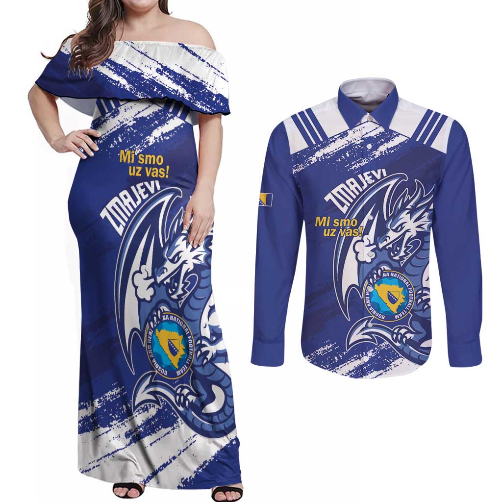 Bosnia and Herzegovina Football Custom Couples Matching Off Shoulder Maxi Dress and Long Sleeve Button Shirt Go Zmajevi Mi smo uz vas Blue Version - Wonder Print Shop