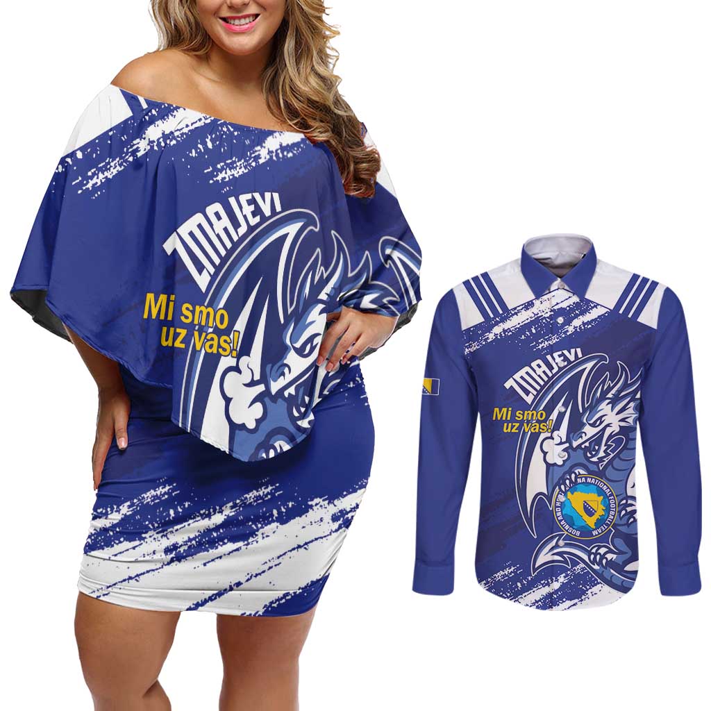Bosnia and Herzegovina Football Custom Couples Matching Off Shoulder Short Dress and Long Sleeve Button Shirt Go Zmajevi Mi smo uz vas Blue Version - Wonder Print Shop