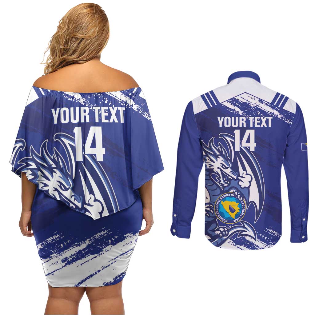 Bosnia and Herzegovina Football Custom Couples Matching Off Shoulder Short Dress and Long Sleeve Button Shirt Go Zmajevi Mi smo uz vas Blue Version - Wonder Print Shop