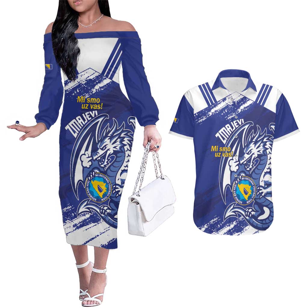Bosnia and Herzegovina Football Custom Couples Matching Off The Shoulder Long Sleeve Dress and Hawaiian Shirt Go Zmajevi Mi smo uz vas Blue Version - Wonder Print Shop