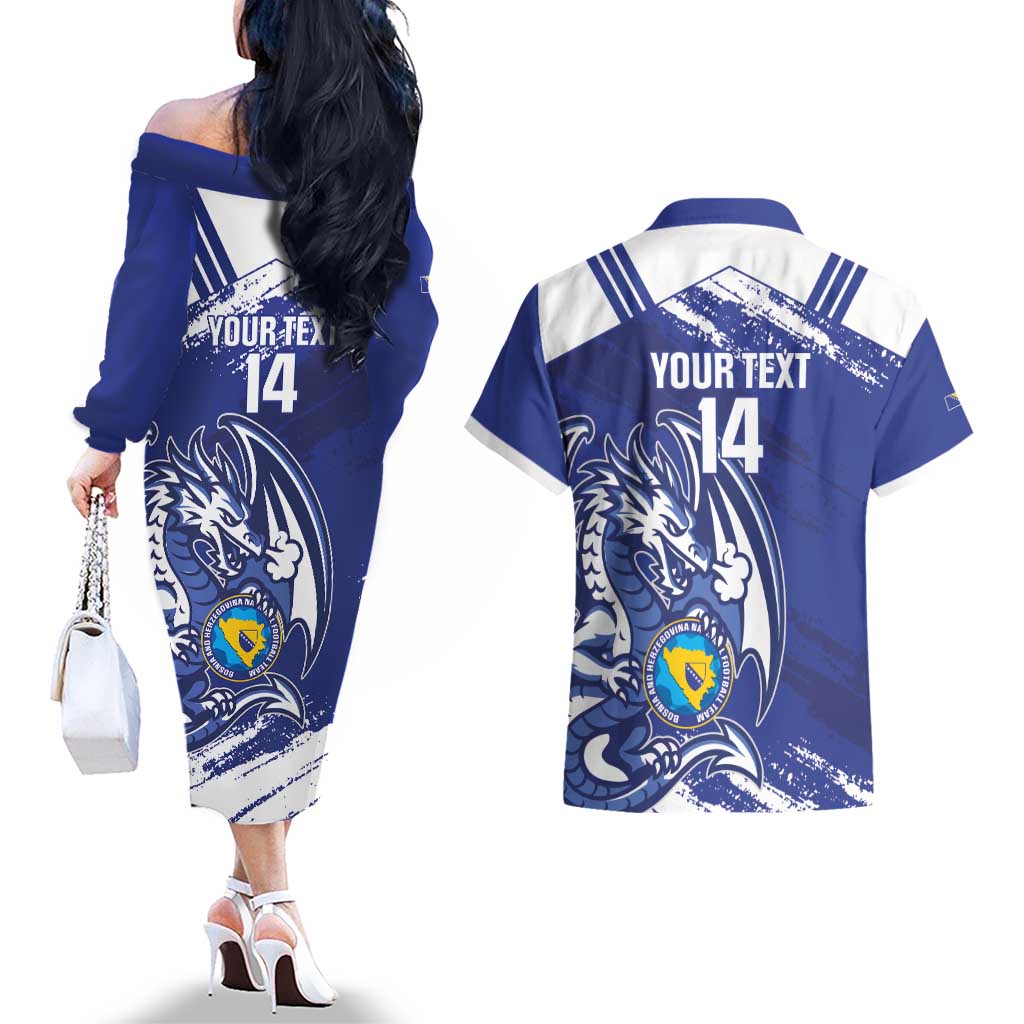 Bosnia and Herzegovina Football Custom Couples Matching Off The Shoulder Long Sleeve Dress and Hawaiian Shirt Go Zmajevi Mi smo uz vas Blue Version - Wonder Print Shop