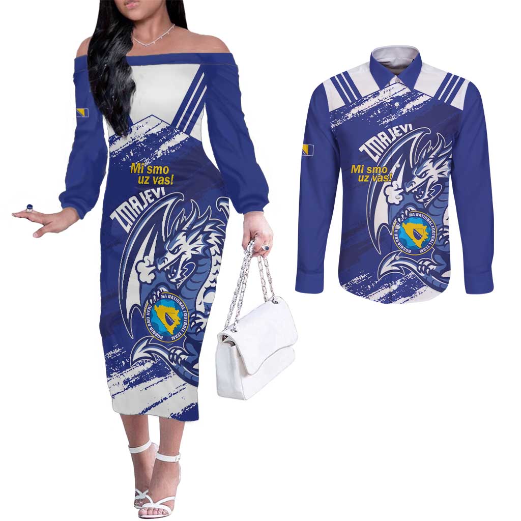 Bosnia and Herzegovina Football Custom Couples Matching Off The Shoulder Long Sleeve Dress and Long Sleeve Button Shirt Go Zmajevi Mi smo uz vas Blue Version - Wonder Print Shop