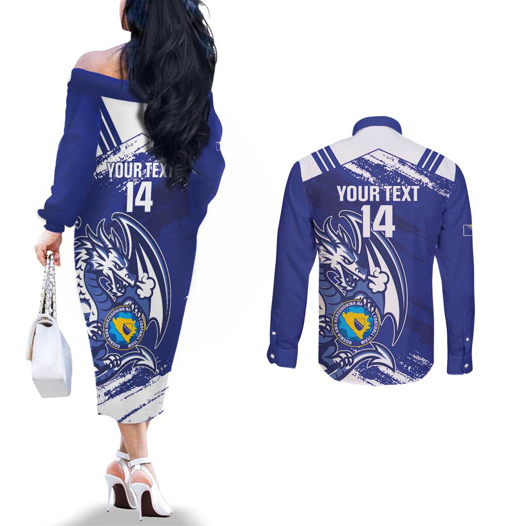 Bosnia and Herzegovina Football Custom Couples Matching Off The Shoulder Long Sleeve Dress and Long Sleeve Button Shirt Go Zmajevi Mi smo uz vas Blue Version - Wonder Print Shop