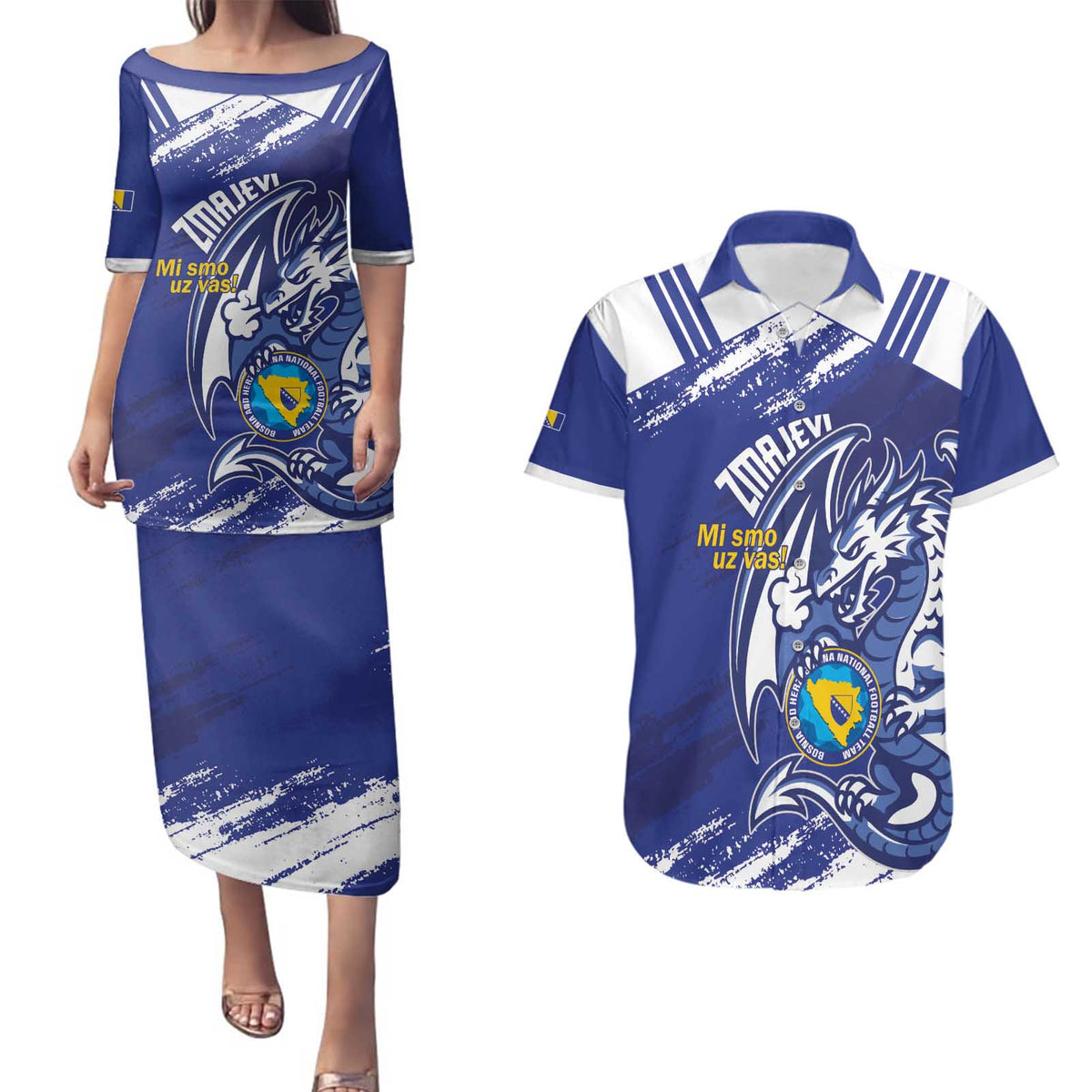 Bosnia and Herzegovina Football Custom Couples Matching Puletasi and Hawaiian Shirt Go Zmajevi Mi smo uz vas Blue Version - Wonder Print Shop