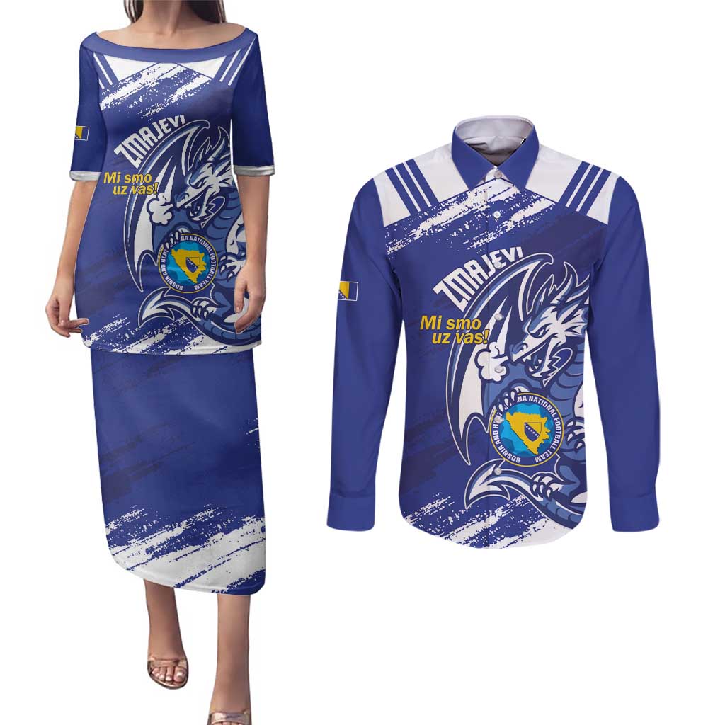 Bosnia and Herzegovina Football Custom Couples Matching Puletasi and Long Sleeve Button Shirt Go Zmajevi Mi smo uz vas Blue Version - Wonder Print Shop