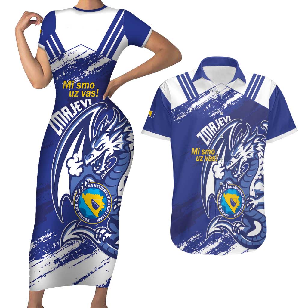 Bosnia and Herzegovina Football Custom Couples Matching Short Sleeve Bodycon Dress and Hawaiian Shirt Go Zmajevi Mi smo uz vas Blue Version - Wonder Print Shop