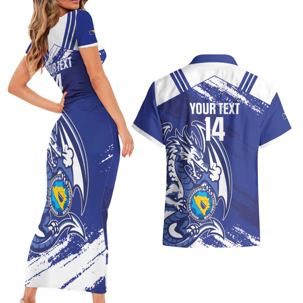 Bosnia and Herzegovina Football Custom Couples Matching Short Sleeve Bodycon Dress and Hawaiian Shirt Go Zmajevi Mi smo uz vas Blue Version - Wonder Print Shop