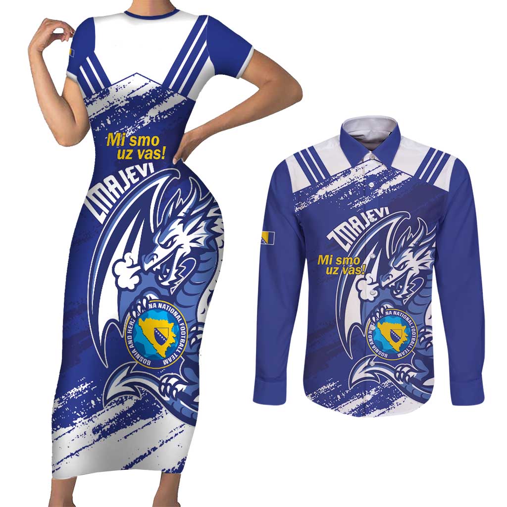 Bosnia and Herzegovina Football Custom Couples Matching Short Sleeve Bodycon Dress and Long Sleeve Button Shirt Go Zmajevi Mi smo uz vas Blue Version - Wonder Print Shop