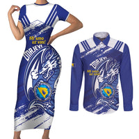 Bosnia and Herzegovina Football Custom Couples Matching Short Sleeve Bodycon Dress and Long Sleeve Button Shirt Go Zmajevi Mi smo uz vas Blue Version - Wonder Print Shop