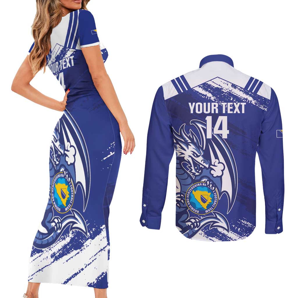 Bosnia and Herzegovina Football Custom Couples Matching Short Sleeve Bodycon Dress and Long Sleeve Button Shirt Go Zmajevi Mi smo uz vas Blue Version - Wonder Print Shop