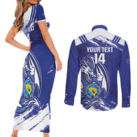 Bosnia and Herzegovina Football Custom Couples Matching Short Sleeve Bodycon Dress and Long Sleeve Button Shirt Go Zmajevi Mi smo uz vas Blue Version - Wonder Print Shop