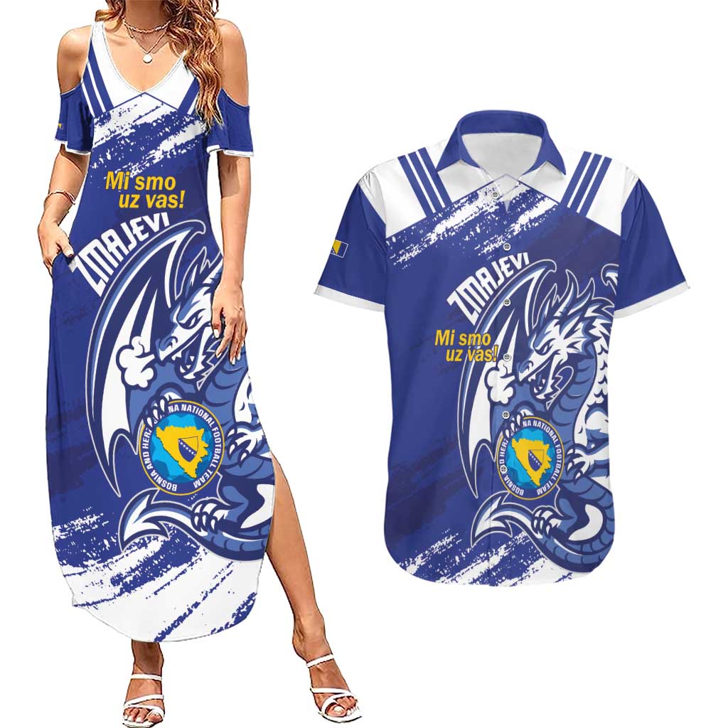 Bosnia and Herzegovina Football Custom Couples Matching Summer Maxi Dress and Hawaiian Shirt Go Zmajevi Mi smo uz vas Blue Version - Wonder Print Shop
