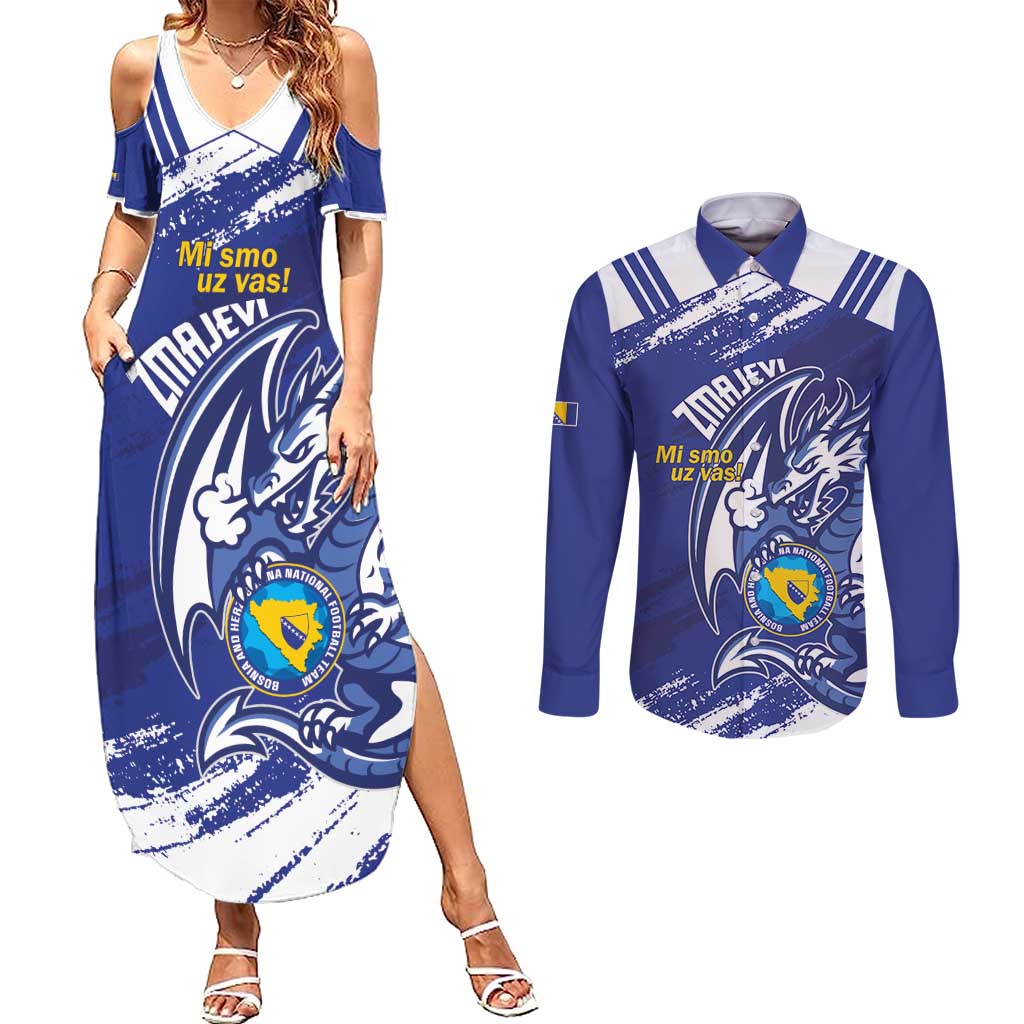 Bosnia and Herzegovina Football Custom Couples Matching Summer Maxi Dress and Long Sleeve Button Shirt Go Zmajevi Mi smo uz vas Blue Version - Wonder Print Shop