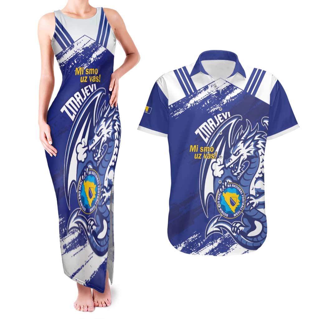 Bosnia and Herzegovina Football Custom Couples Matching Tank Maxi Dress and Hawaiian Shirt Go Zmajevi Mi smo uz vas Blue Version - Wonder Print Shop