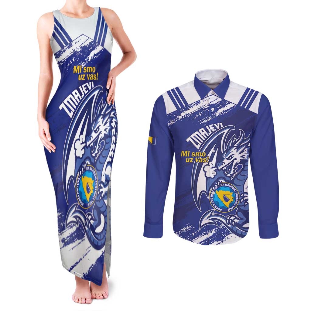 Bosnia and Herzegovina Football Custom Couples Matching Tank Maxi Dress and Long Sleeve Button Shirt Go Zmajevi Mi smo uz vas Blue Version - Wonder Print Shop