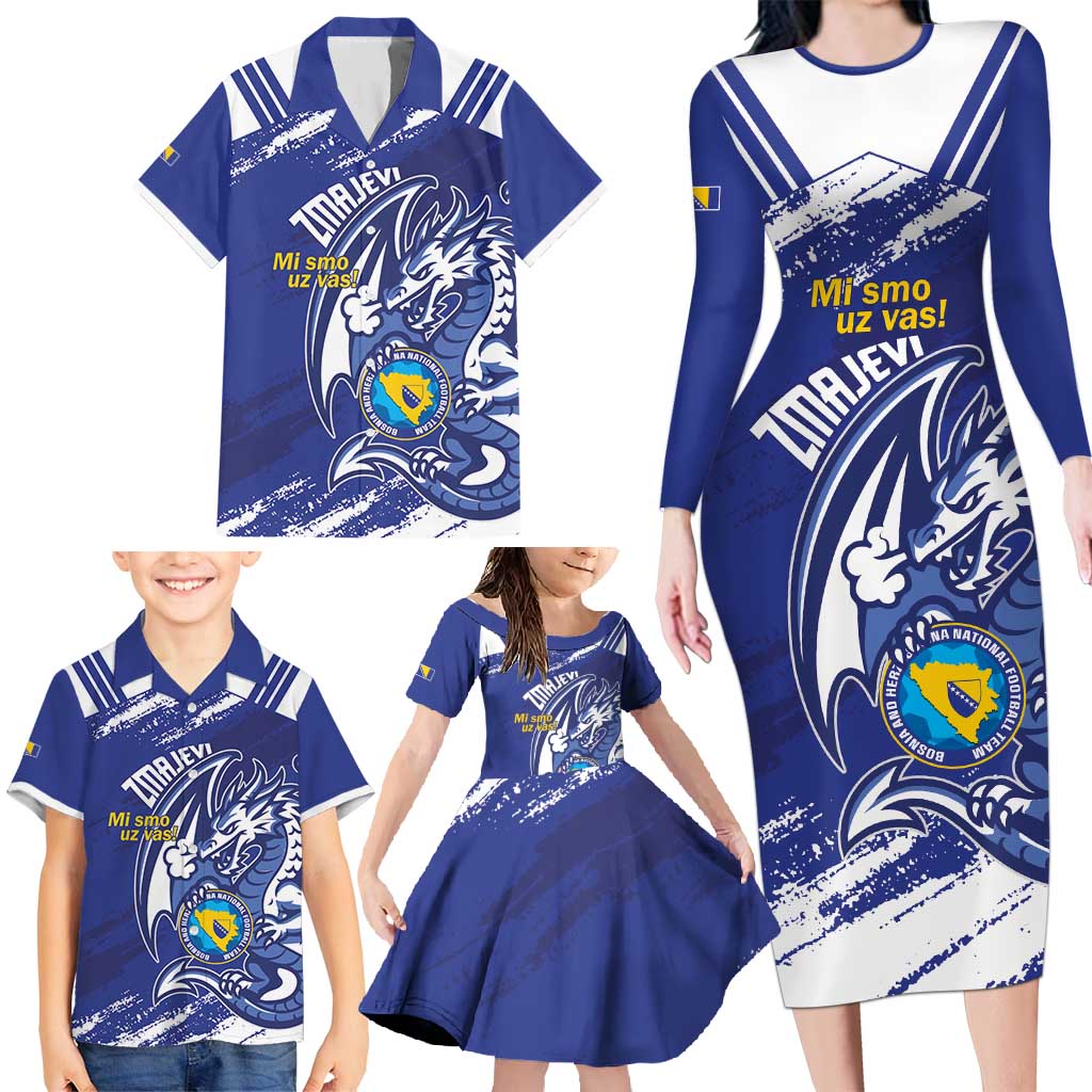 Bosnia and Herzegovina Football Custom Family Matching Long Sleeve Bodycon Dress and Hawaiian Shirt Go Zmajevi Mi smo uz vas Blue Version - Wonder Print Shop