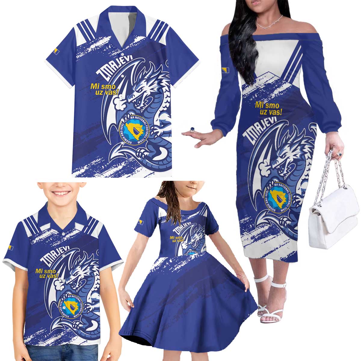 Bosnia and Herzegovina Football Custom Family Matching Off The Shoulder Long Sleeve Dress and Hawaiian Shirt Go Zmajevi Mi smo uz vas Blue Version - Wonder Print Shop