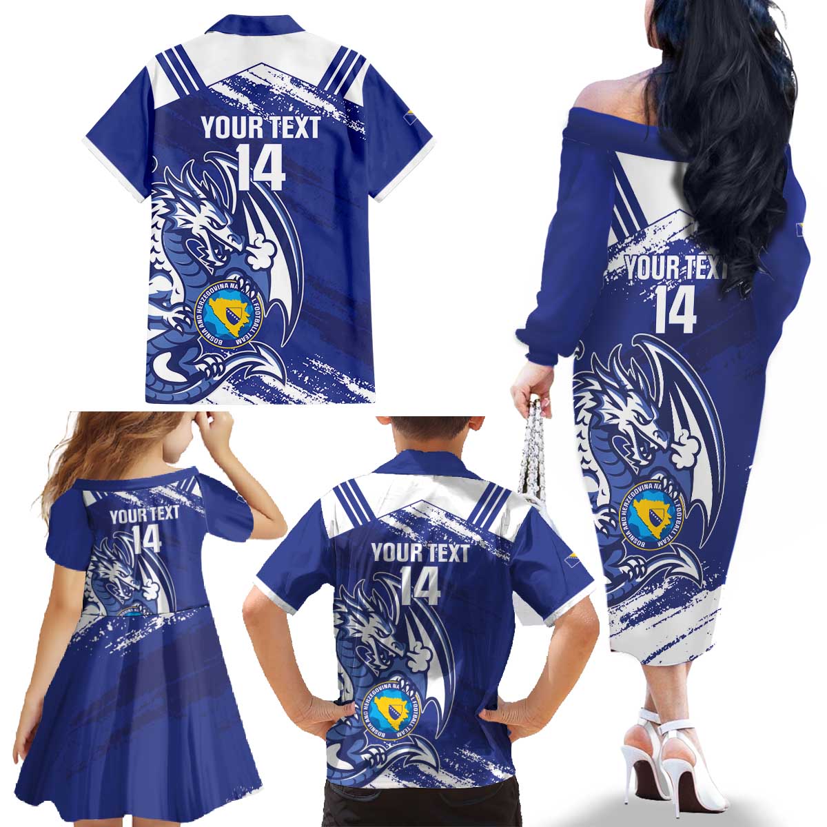 Bosnia and Herzegovina Football Custom Family Matching Off The Shoulder Long Sleeve Dress and Hawaiian Shirt Go Zmajevi Mi smo uz vas Blue Version - Wonder Print Shop
