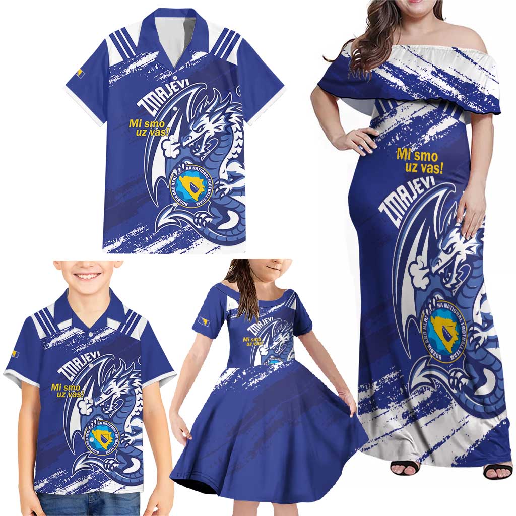 Bosnia and Herzegovina Football Custom Family Matching Off Shoulder Maxi Dress and Hawaiian Shirt Go Zmajevi Mi smo uz vas Blue Version - Wonder Print Shop