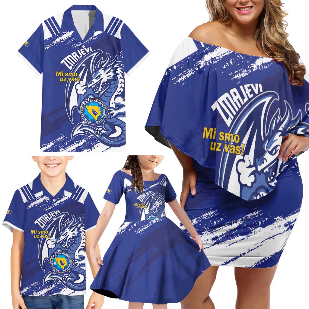 Bosnia and Herzegovina Football Custom Family Matching Off Shoulder Short Dress and Hawaiian Shirt Go Zmajevi Mi smo uz vas Blue Version - Wonder Print Shop