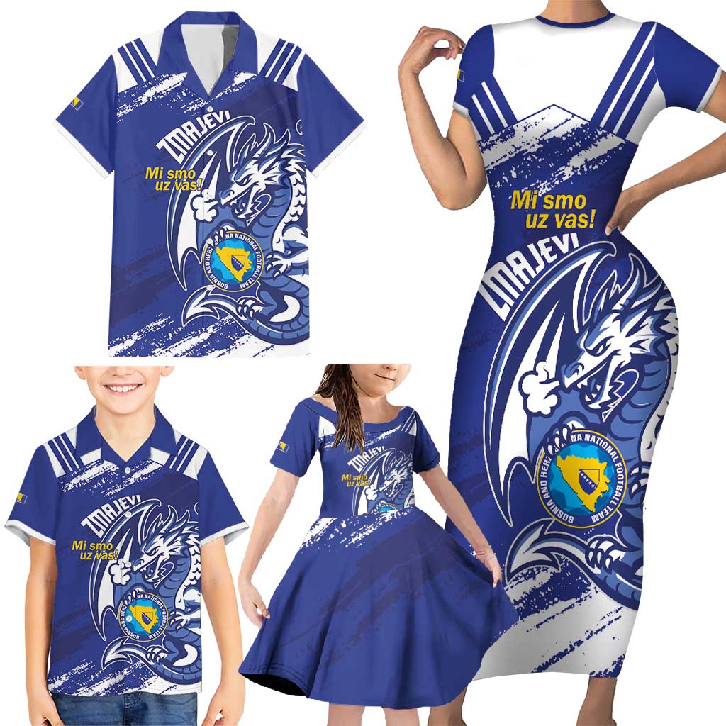 Bosnia and Herzegovina Football Custom Family Matching Short Sleeve Bodycon Dress and Hawaiian Shirt Go Zmajevi Mi smo uz vas Blue Version - Wonder Print Shop