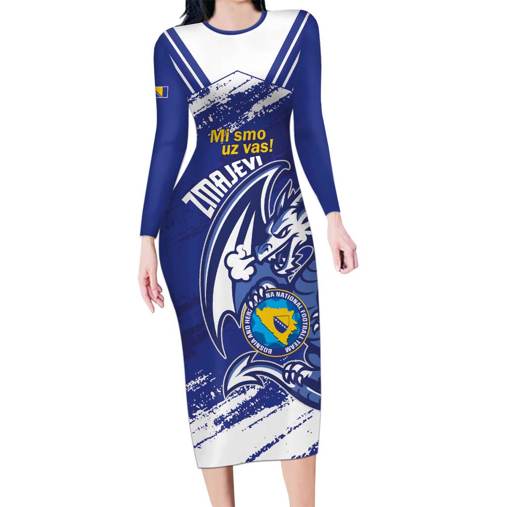 Bosnia and Herzegovina Football Custom Long Sleeve Bodycon Dress Go Zmajevi Mi smo uz vas Blue Version - Wonder Print Shop