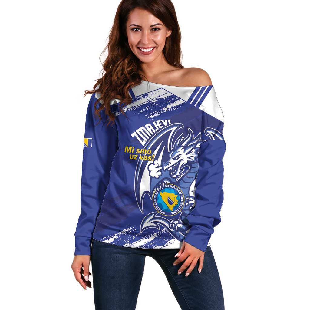 Bosnia and Herzegovina Football Custom Off Shoulder Sweater Go Zmajevi Mi smo uz vas Blue Version - Wonder Print Shop