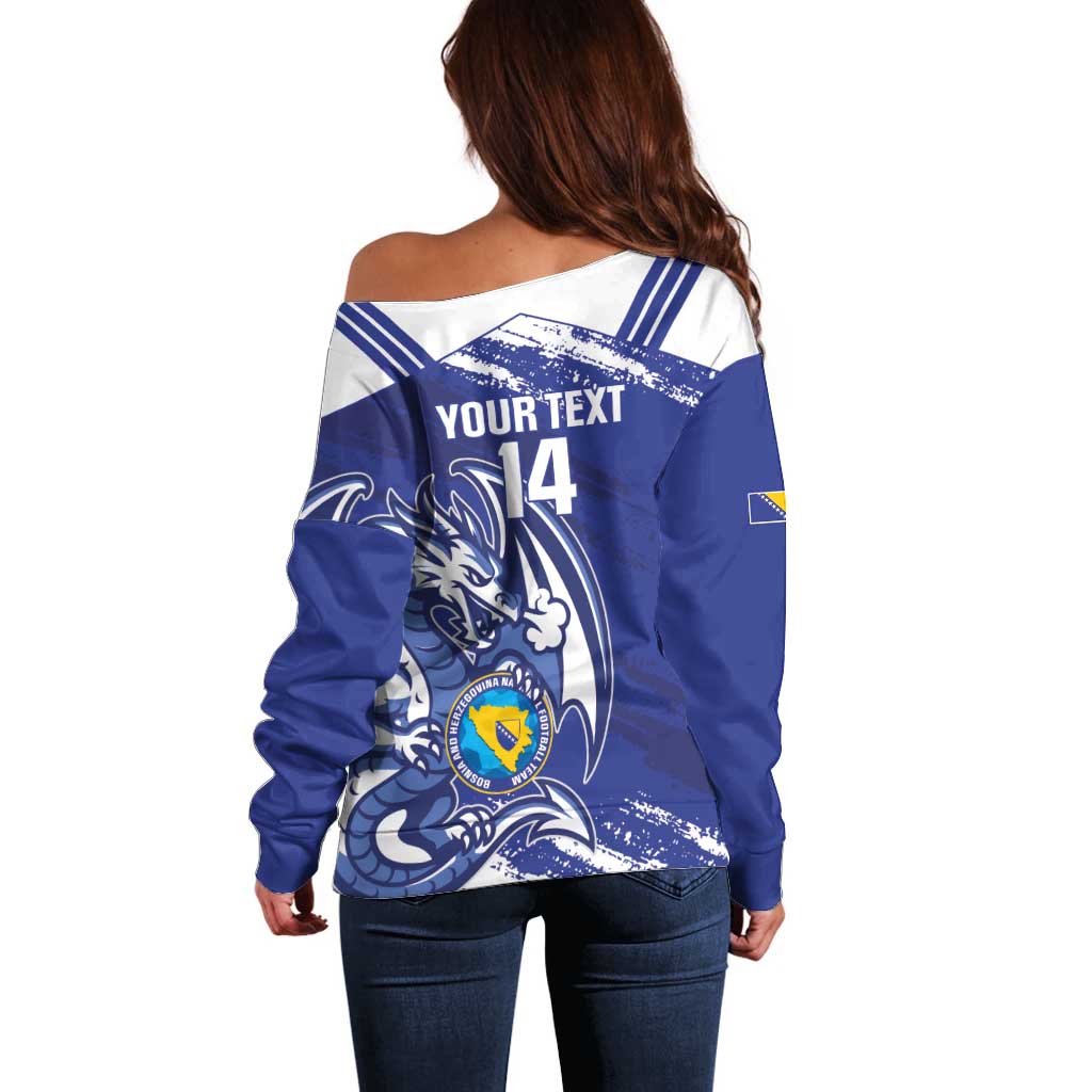 Bosnia and Herzegovina Football Custom Off Shoulder Sweater Go Zmajevi Mi smo uz vas Blue Version - Wonder Print Shop