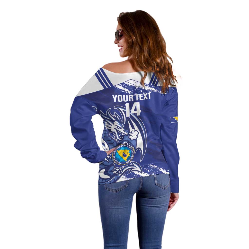 Bosnia and Herzegovina Football Custom Off Shoulder Sweater Go Zmajevi Mi smo uz vas Blue Version - Wonder Print Shop