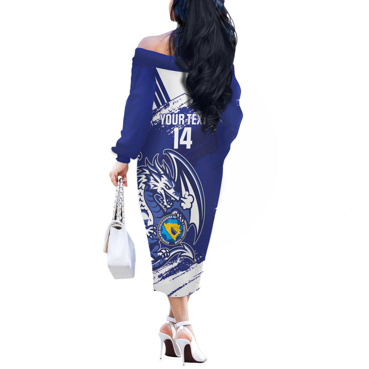 Bosnia and Herzegovina Football Custom Off The Shoulder Long Sleeve Dress Go Zmajevi Mi smo uz vas Blue Version - Wonder Print Shop