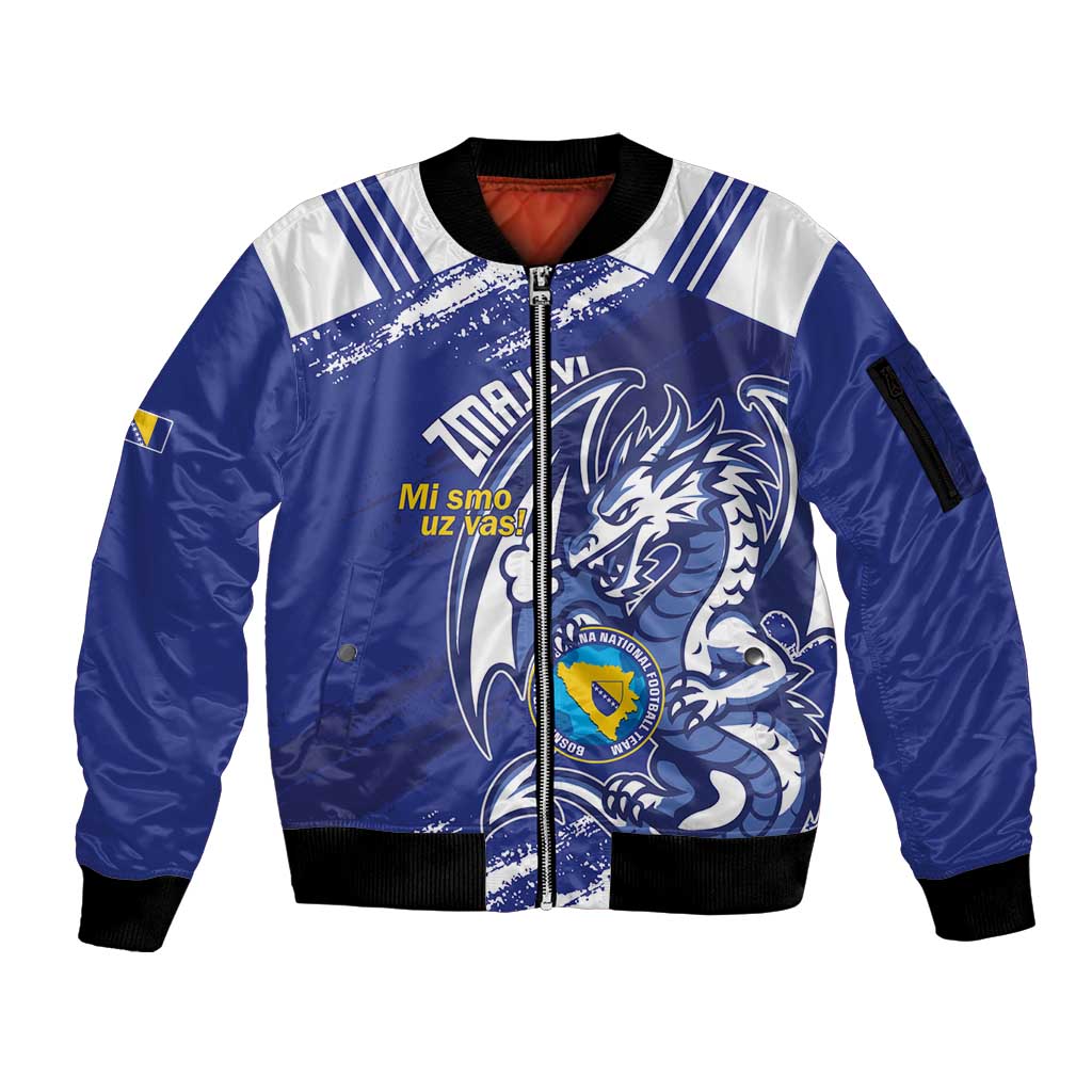 Bosnia and Herzegovina Football Custom Sleeve Zip Bomber Jacket Go Zmajevi Mi smo uz vas Blue Version - Wonder Print Shop
