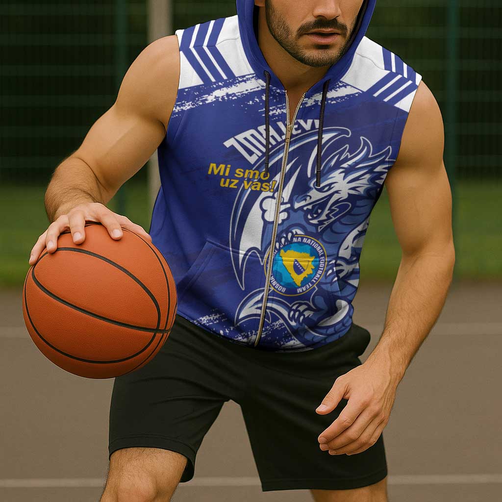 Bosnia and Herzegovina Football Custom Sleeveless Zip Hoodie Go Zmajevi Mi smo uz vas Blue Version - Wonder Print Shop