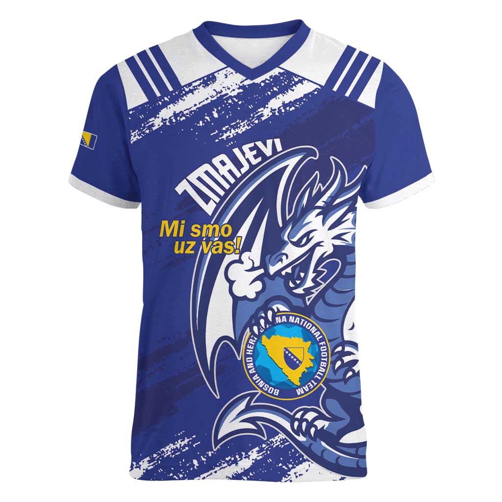Bosnia and Herzegovina Football Custom Women V-Neck T-Shirt Go Zmajevi Mi smo uz vas Blue Version - Wonder Print Shop