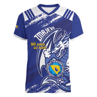 Bosnia and Herzegovina Football Custom Women V-Neck T-Shirt Go Zmajevi Mi smo uz vas Blue Version - Wonder Print Shop