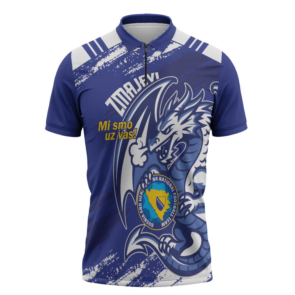 Bosnia and Herzegovina Football Custom Zipper Polo Shirt Go Zmajevi Mi smo uz vas Blue Version - Wonder Print Shop