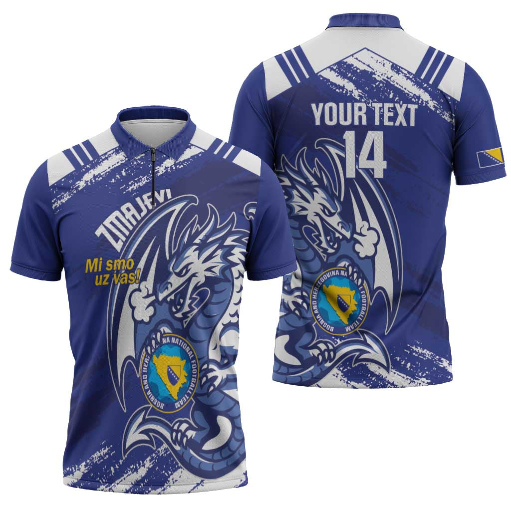 Bosnia and Herzegovina Football Custom Zipper Polo Shirt Go Zmajevi Mi smo uz vas Blue Version - Wonder Print Shop