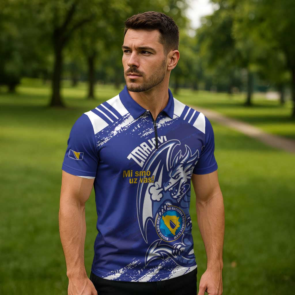 Bosnia and Herzegovina Football Custom Zipper Polo Shirt Go Zmajevi Mi smo uz vas Blue Version - Wonder Print Shop