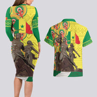 Senegal African Renaissance Monument Couples Matching Long Sleeve Bodycon Dress and Hawaiian Shirt Ankara Pattern