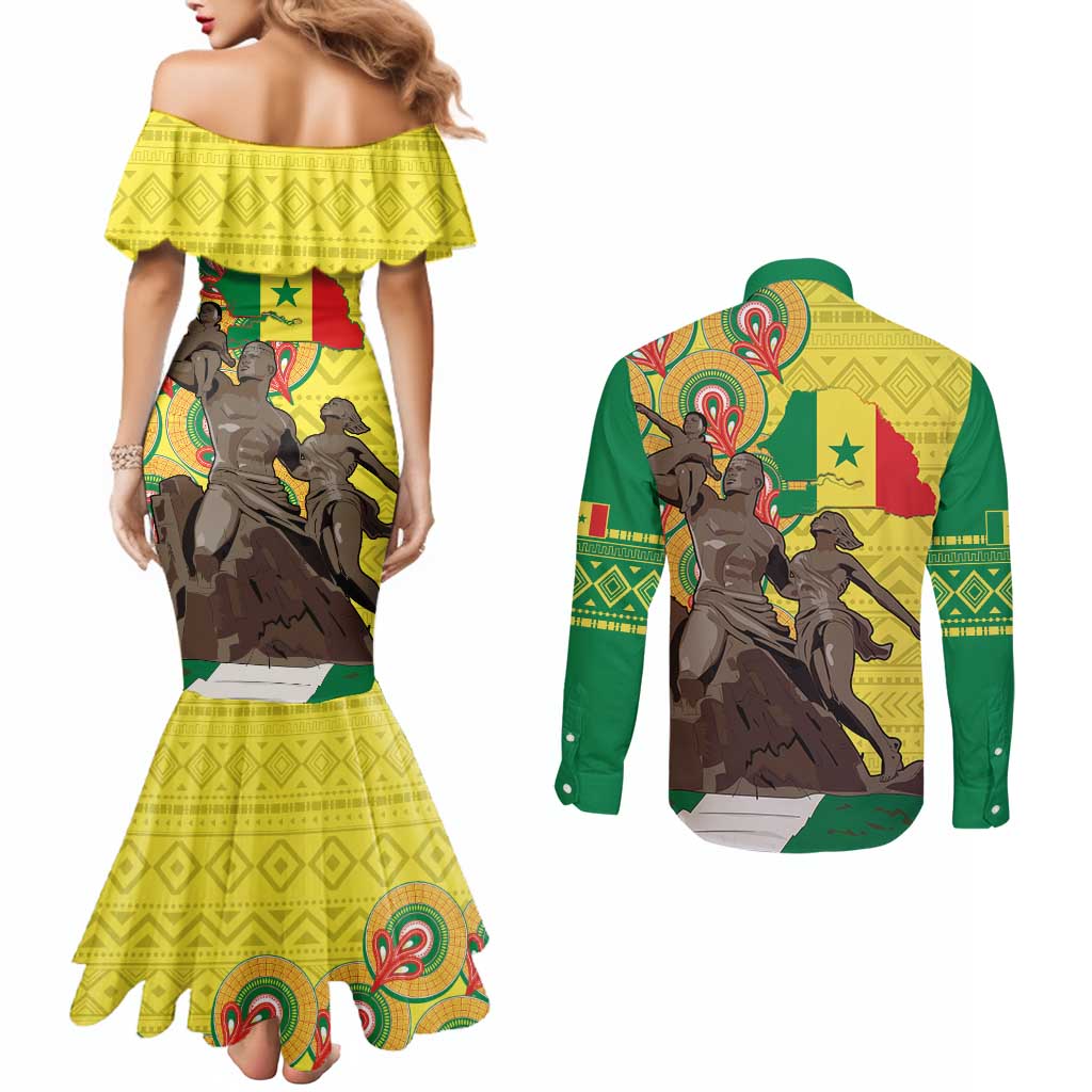 Senegal African Renaissance Monument Couples Matching Mermaid Dress and Long Sleeve Button Shirt Ankara Pattern